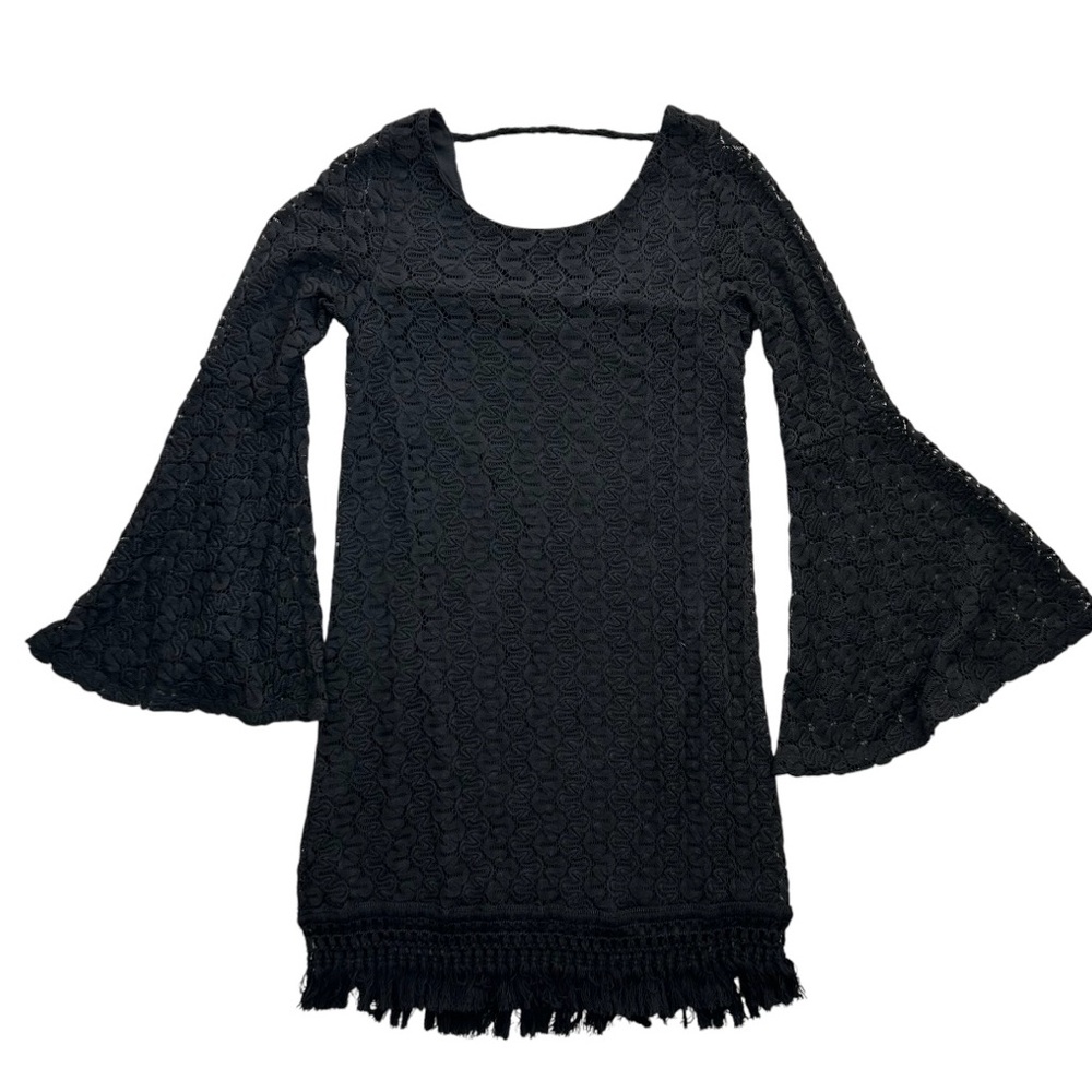 LOVE FIRE Women’s Black Crocheted Dress Lined Sheer Bell‎ Sleeve Tassel Hem XS